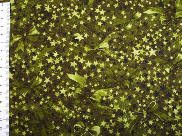 Weihnachtsstoff mit Sternen und Schleifen in olivgrün 0,5m