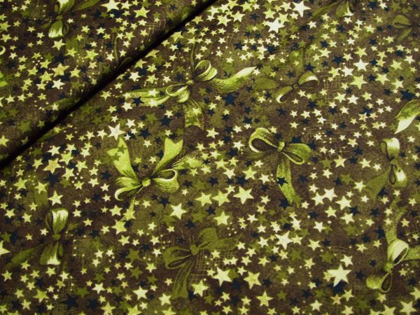 Weihnachtsstoff mit Sternen und Schleifen in olivgrün 0,5m