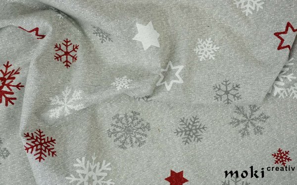 Weihnachtsstoff bedruckt mit Sternen und Schneeflocken, Leinenoptik 0,5m