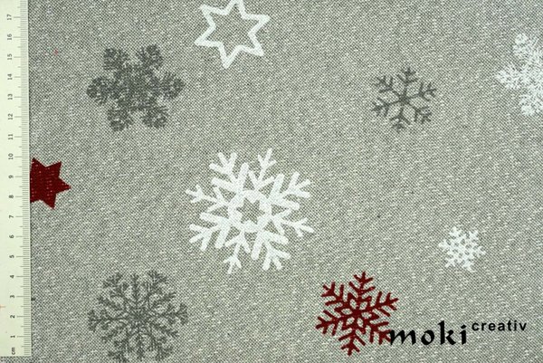 Weihnachtsstoff bedruckt mit Sternen und Schneeflocken, Leinenoptik 0,5m